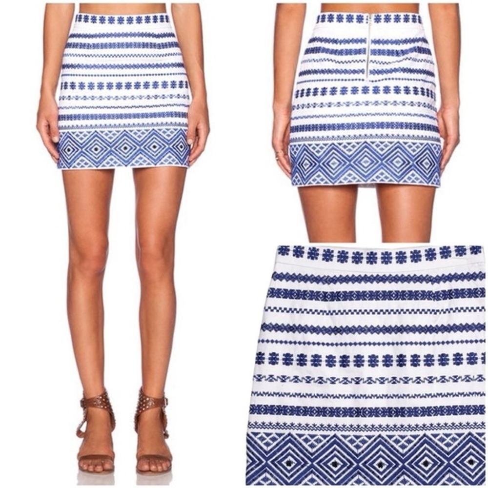 Embroidered Beaded Stretch Cotton Mini Skirt Sam Edelman Womens 6 S Blue White